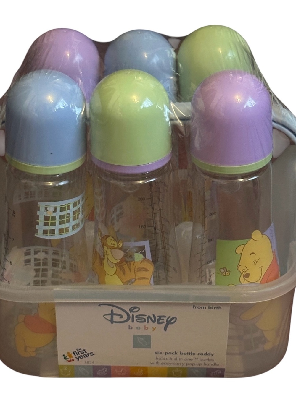 6 Slim One Disney Winnie The Pooh Tigger Baby Bottles & Carrying Caddy New Vtg